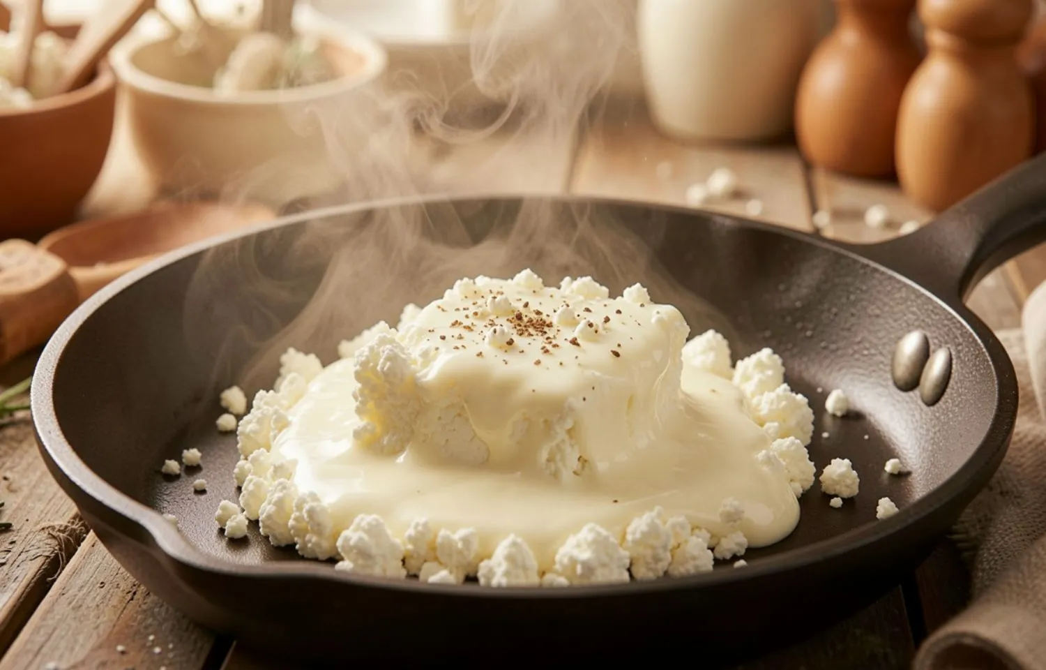 queso cottage en el sartén